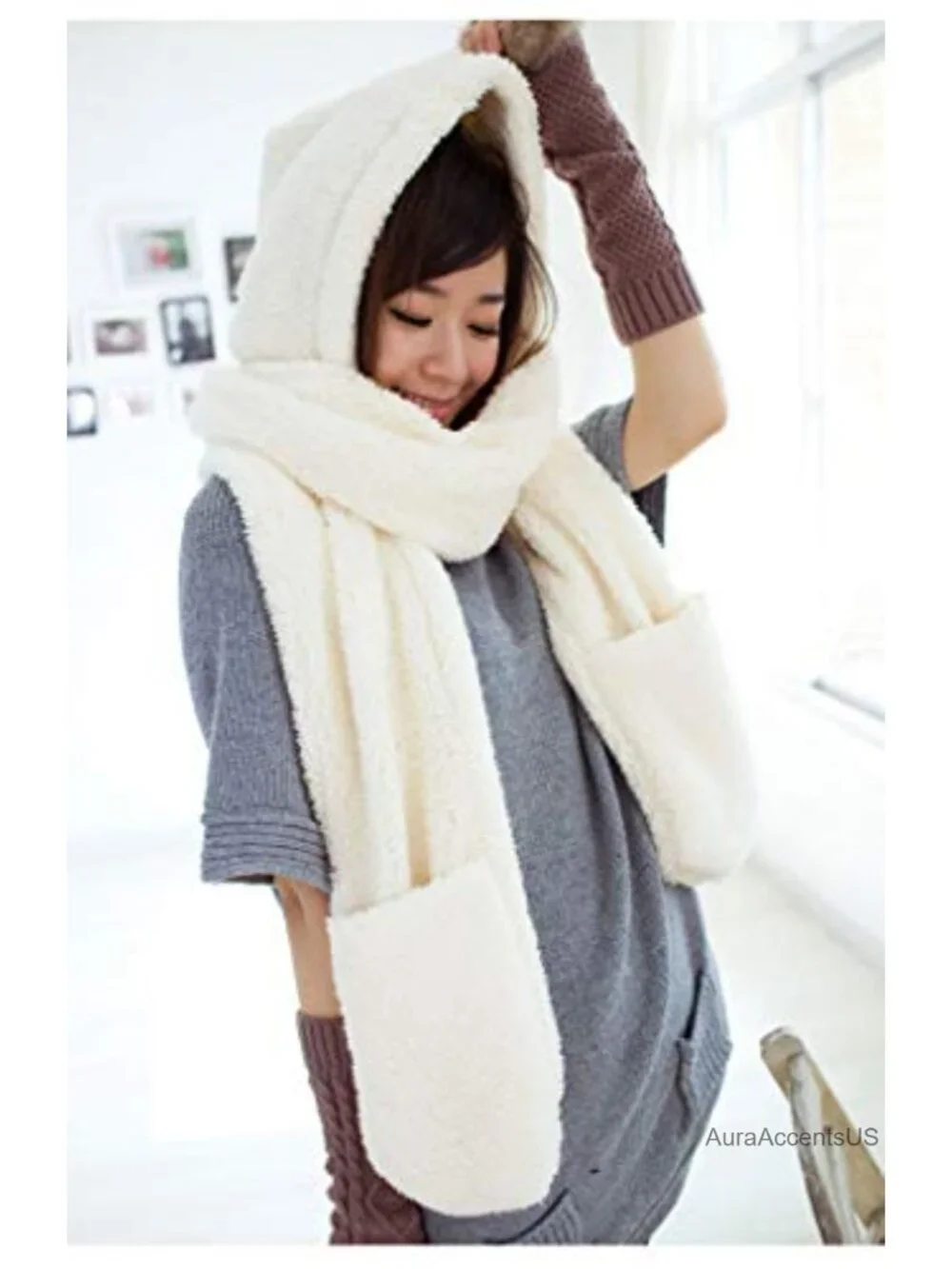 Super Soft Fleece Hooded Scarf with Glove Pockets, 3-in-1 Winter Headwear